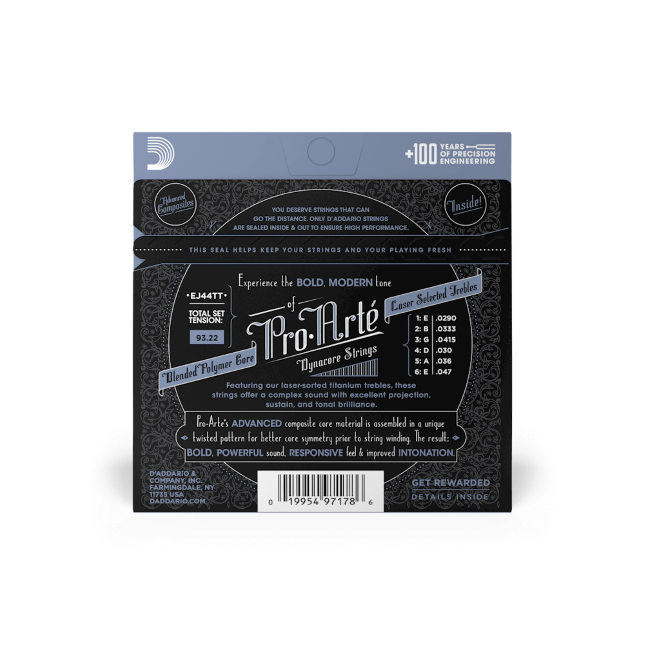 D'Addario ProArte Dynacore Classical Guitar Strings, Titanium Trebles, Extra-Hard Tension -EJ44TT