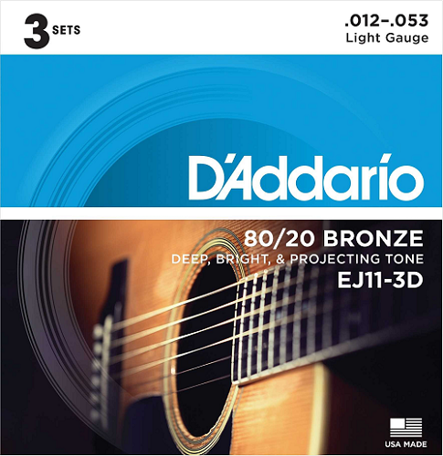 D'Addario 80/20 Bronze, Light, 12-53 Acoustic Guitar Strings - EJ11 3-PACK