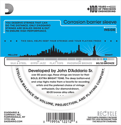 D'Addario 80/20 Bronze, Light, 12-53 Acoustic Guitar Strings - EJ11 3-PACK