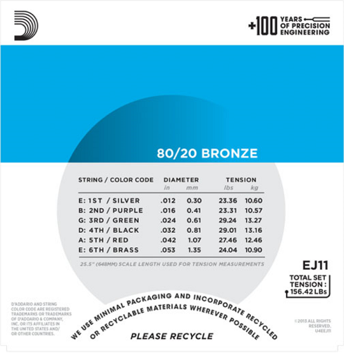 D'Addario 80/20 Bronze, Light, 12-53 Acoustic Guitar Strings - EJ11 3-PACK