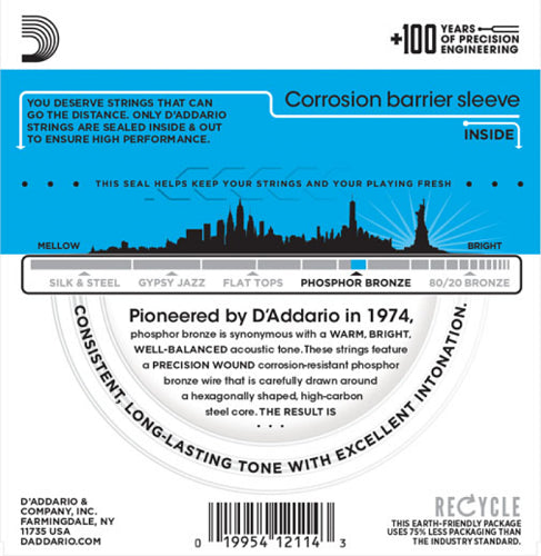 D'Addario Phosphor Bronze, Light, 12-53 Acoustic Guitar Strings - EJ16