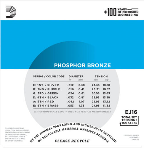 D'Addario Phosphor Bronze, Light, 12-53 Acoustic Guitar Strings - EJ16
