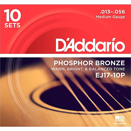 D'Addario Phosphor Bronze, Medium, 13-56 Acoustic Guitar Strings (10-Sets) EJ17-10P