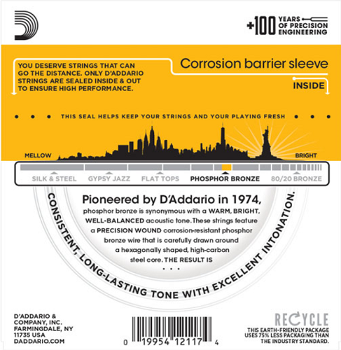 D'Addario Phosphor Bronze, BLUEGRASS, 12-56 Acoustic Guitar Strings - EJ19