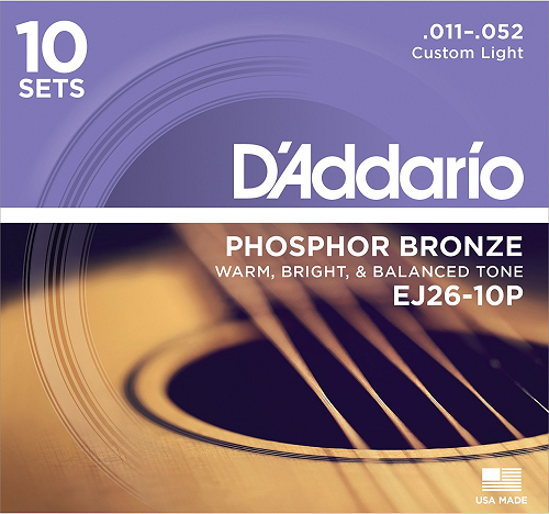 D'Addario Phospher Bronze, Custom Light, 11-52 Acoustic Guitar Strings ( 10-Sets) EJ26-10P