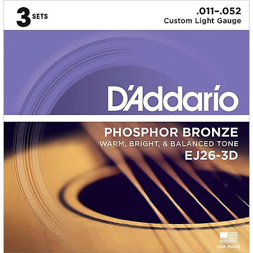 D'Addario Phospher Bronze, Custom Light, 11-52 Acoustic Guitar Strings (3 Sets) EJ26-3D