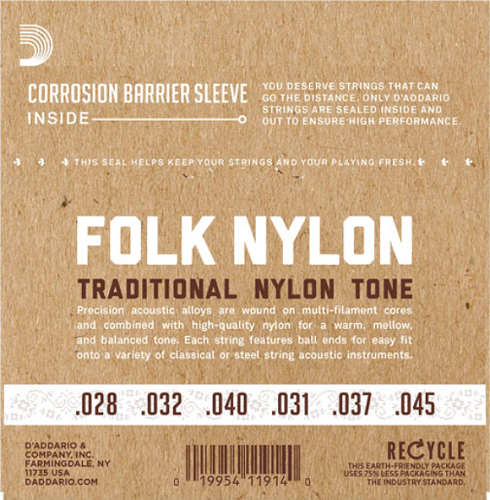 D'Addario Folk Nylon, Ball END, Silver Wound/CLEAR Nylon Trebles Classical Guitar Strings