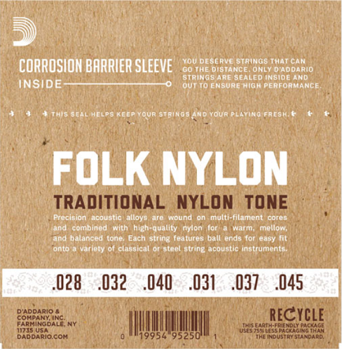 D'Addario Folk Nylon Ball End Silver Wound Black Nylon Trebles Classical Guitar Strings