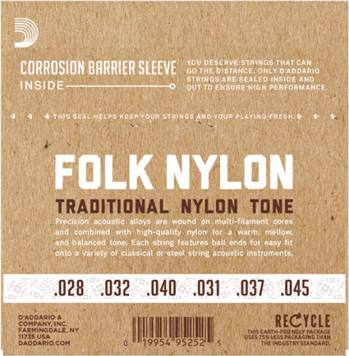 D'Addario Folk Nylon, Ball END, 80/20 Bronze / Black Nylon Trebles Classical Guitar Strings