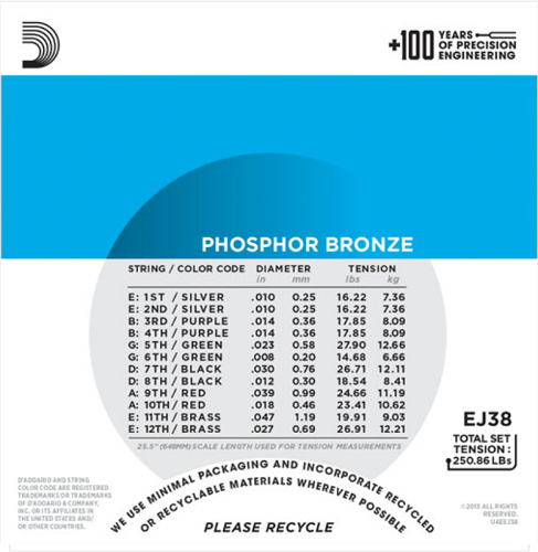 D'Addario Phosphor Bronze, 12-String, Light, 10-47 Acoustic Guitar Strings