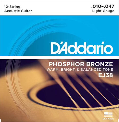 D'Addario Phosphor Bronze, 12-String, Light, 10-47 Acoustic Guitar Strings