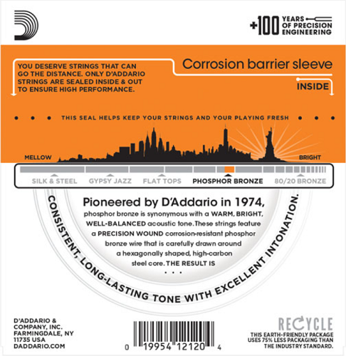 D'Addario Phosphor Bronze, 12-String, Extra Light, 9-45 Acoustic Guitar Strings