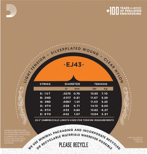 D'Addario Pro-Arte Nylon, Light Tension Classical Guitar Strings - EJ43