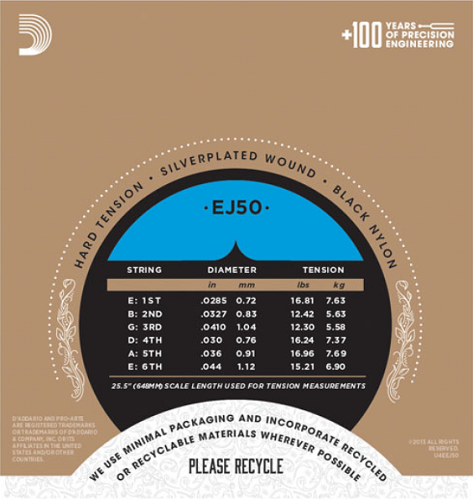 D'Addario Pro-Arte Black Nylon, Hard Tension Classical Guitar Strings