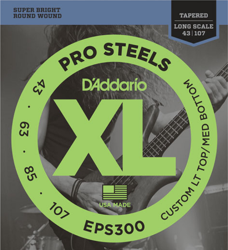 D'Addario PROSTEELS, Custom Light Top/Medium Bottom, Tapered Long Scale, 43-107 Bass Guitar Strings