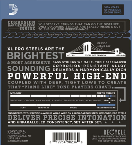 D'Addario PROSTEELS, Custom Light Top/Medium Bottom, Tapered Long Scale, 43-107 Bass Guitar Strings