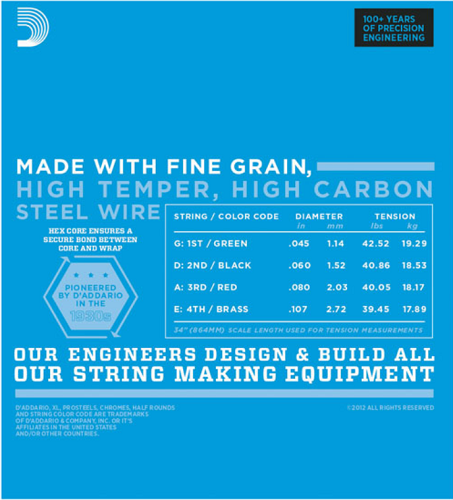 D'Addario Nickel Wound, Balanced Tension Regular Light, .45-107 Bass Guitar Strings