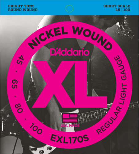 D'Addario Nickel Wound, Light, Short Scale, 45-100 Bass Guitar Strings EXL170S
