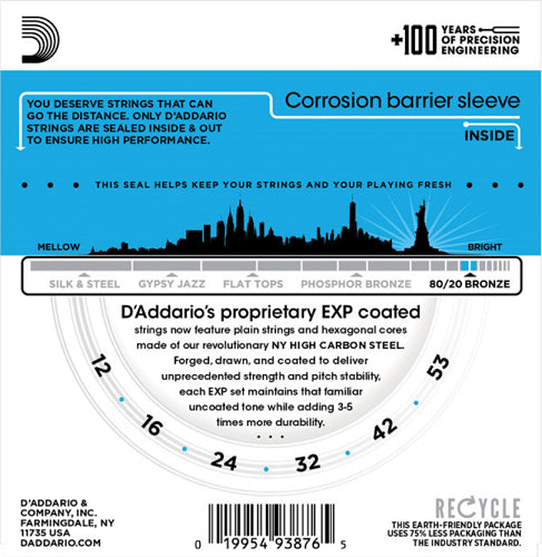 D'Addario Coated 80/20 Bronze, Light, 12-53 Acoustic Guitar Strings - 25-PACK