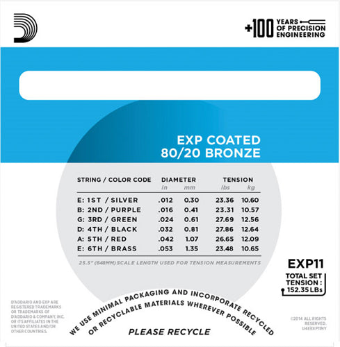 D'Addario Coated 80/20 Bronze, Light, 12-53 Acoustic Guitar Strings - 25-PACK
