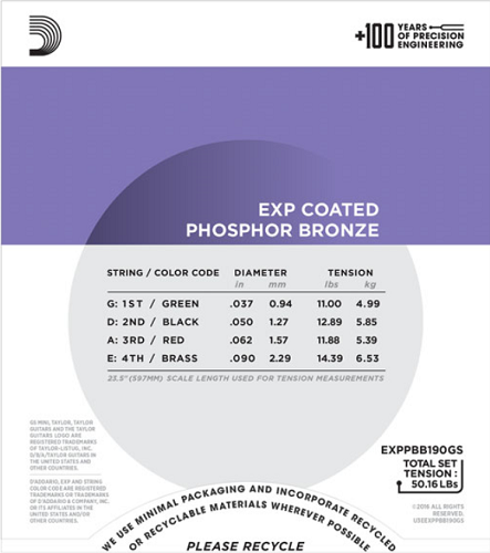 D'Addario Coated Phosphor Bronze, Taylor GS Mini Scale, 37-90 Acoustic Bass Guitar Strings