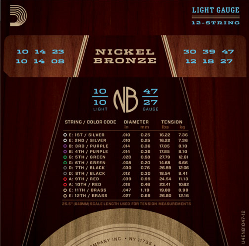 D'Addario Nickel Bronze 12-String, Light, 10-47 Acoustic Guitar Strings
