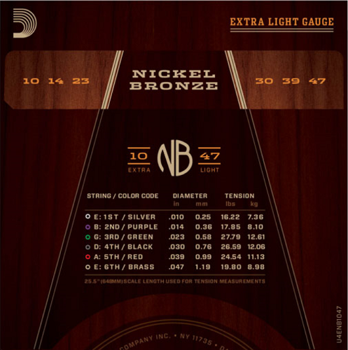 D'Addario Nickel Bronze, Extra Light, 10-47 Acoustic Guitar Strings