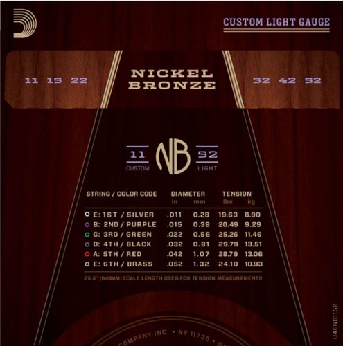 D'Addario Nickel Bronze, Custom Light, 11-52 Acoustic Guitar Strings