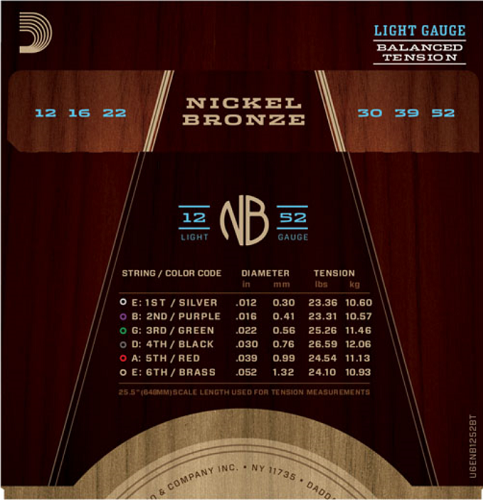 D'Addario Nickel Bronze, Balanced Tension Light, 12-52 Acoutic Guitar Strings