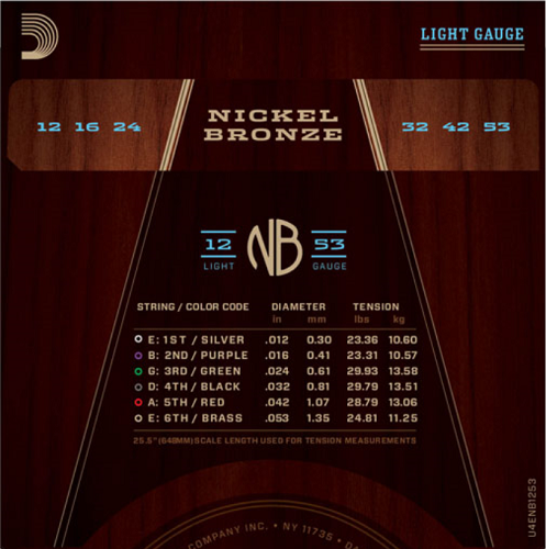 D'Addario Nickel Bronze, Light, 12-53 Acoustic Guitar Strings