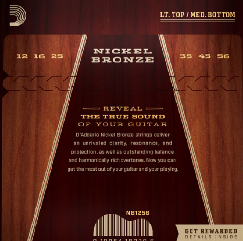 D'Addario Nickel Bronze, Light Top/Medium Bottom, 12-56 Acoustic Guitar Strings