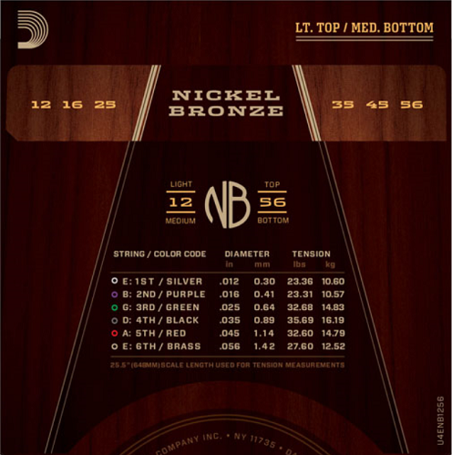D'Addario Nickel Bronze, Light Top/Medium Bottom, 12-56 Acoustic Guitar Strings