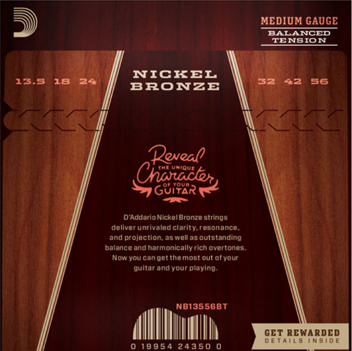 D'Addario Nickel Bronze, Balanced Tension Medium, 13.5-56 Acoustic Guitar Strings