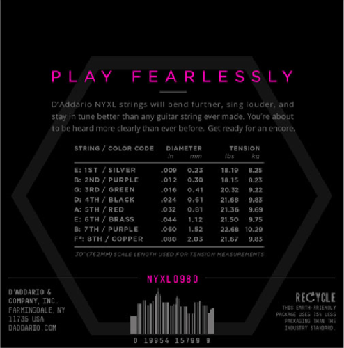 D'Addario Nickel Wound, 8-String, Super Light, 09-80 Electric Guitar Strings