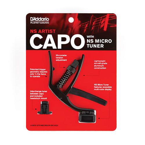 D'Addario Planet Waves NS Artist Capo for Electric and Acoustic Guitar with NS Micro Headstock Tuner