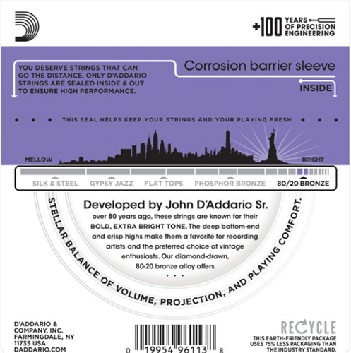 D'Addario 80/20 Bronze, Custom Light, 11-52 Acoustic Guitar Strings - EJ13