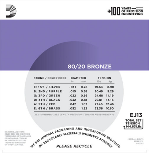 D'Addario 80/20 Bronze, Custom Light, 11-52 Acoustic Guitar Strings - EJ13