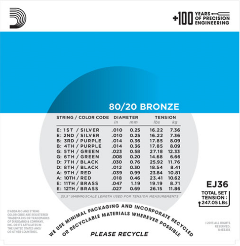 D'Addario 80/20 12-String Bronze, Light, 10-47 Acoustic Guitar Strings