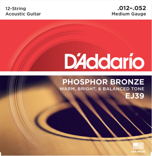 D'Addario Phosphor Bronze, 12-String, Medium, 12-52 Acoustic Guitar Strings EJ39