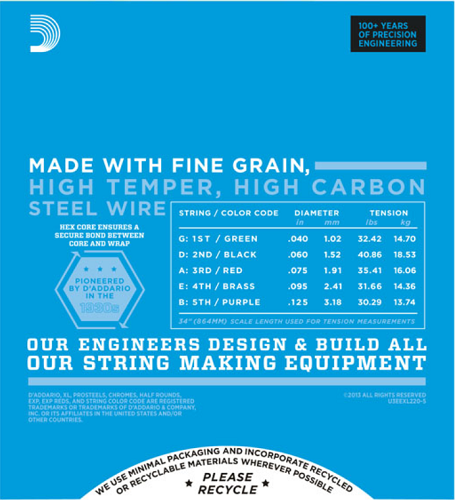 D'Addario Nickel Wound 5-String Bass, Super Light, 40-125, Long Scale, Bass Guitar String