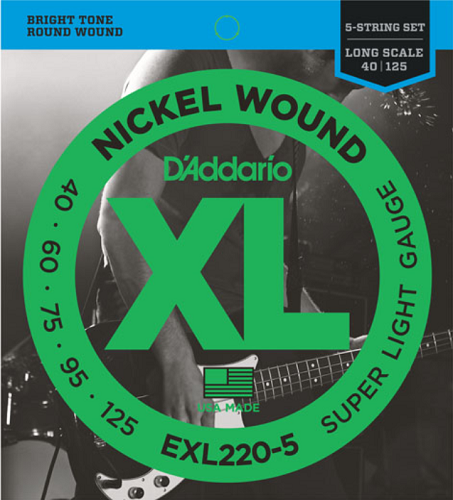D'Addario Nickel Wound 5-String Bass, Super Light, 40-125, Long Scale, Bass Guitar String