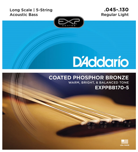 D'Addario Coated Phosphor Bronze 5-String, Long Scale, 45-130 Acoustic Bass Guitar Strings