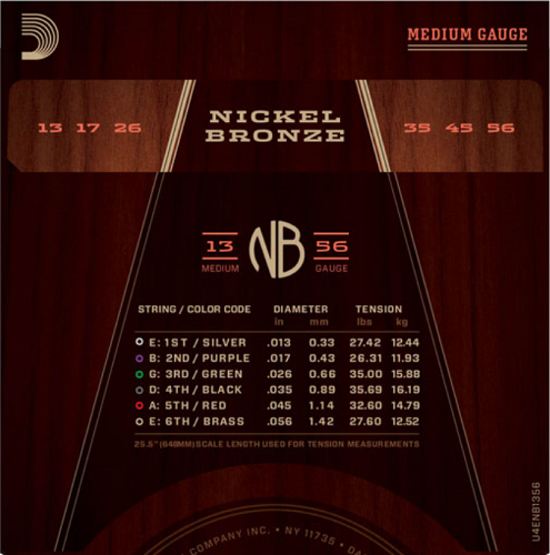 D'Addario Nickel Bronze, Medium, 13-56 Acoustic Guitar Strings