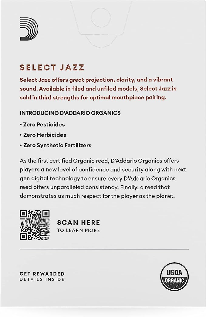 D'Addario Organic Select Jazz Unfiled Alto Saxophone Reeds - 10 Per Box