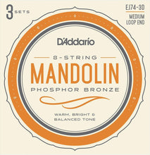 Load image into Gallery viewer, D&#39;Addario EJ74 3 Pack Mandolin Strings, Phosphor Bronze, Medium, 11-40