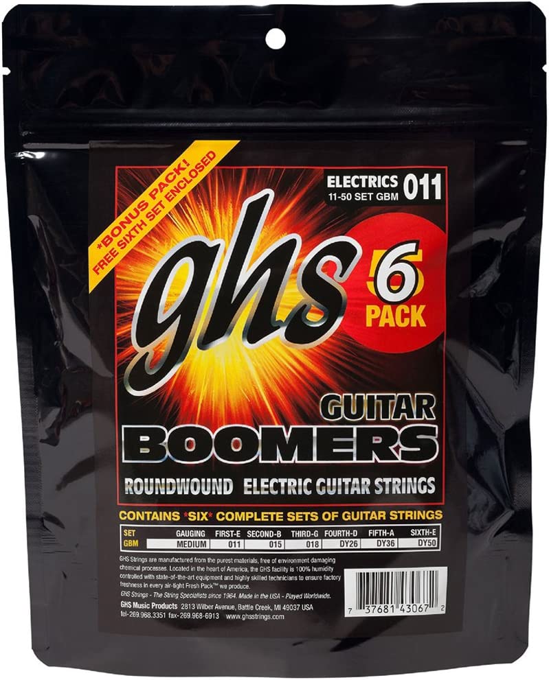 GHS BOOMERS Nickel-Plated Electric Guitar Strings, Medium, (.011-.050) - 6 PACKS