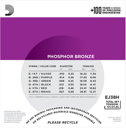 D'Addario Phosphor Bronze, High Strung/Nashville Tuning,10-27 Acoustic Guitar Strings EJ38H