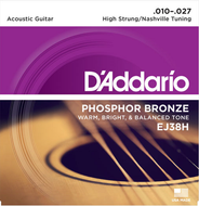 D'Addario Phosphor Bronze, High Strung/Nashville Tuning,10-27 Acoustic Guitar Strings EJ38H
