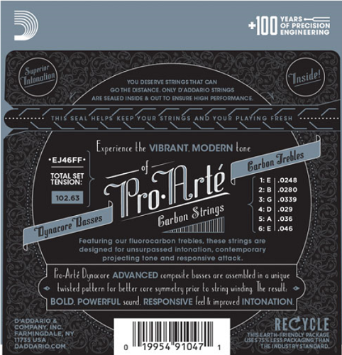 D'Addario Pro-Arte Carbon, Dynacore Basses, Hard Tension Classical Guitar Strings - EJ46FF