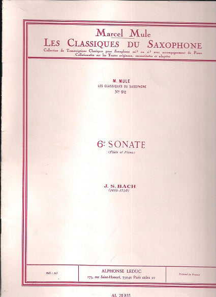 Classique Saxophone Mib No.92 Sonate No.6 (Flute) by Bach, Arranged by Mule - 524-01819